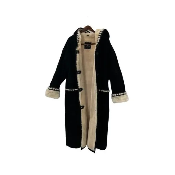 Vintage Sin by Morgan Cooper Black Suede Faux Fur Hooded Trench Coat Jacket L - Picture 4 of 16